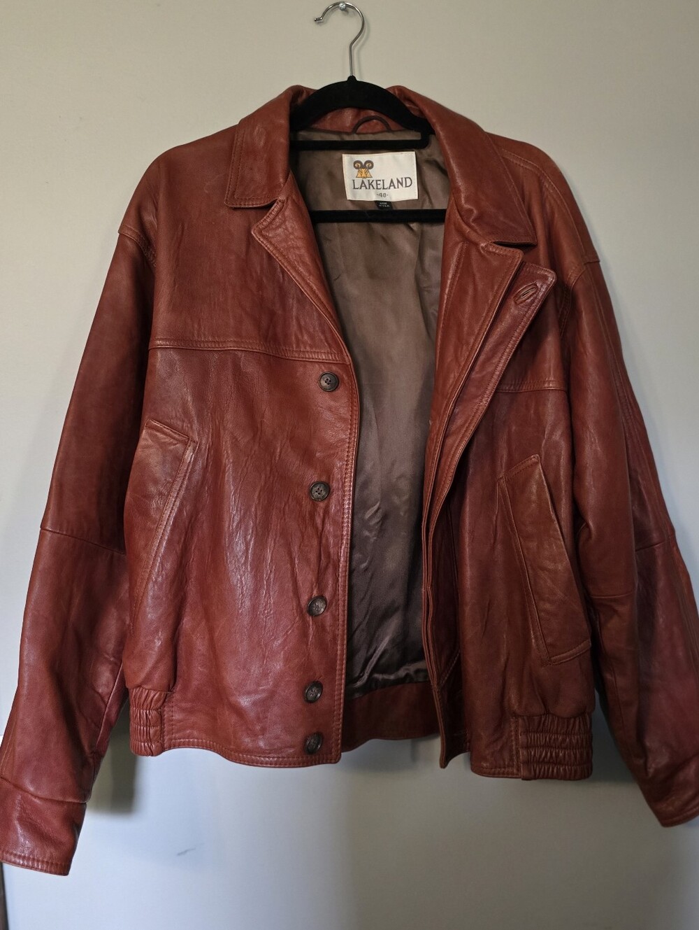 Vintage Lakeland Men's Brownish Red Leather Jacket - USA  Button Front, Soft